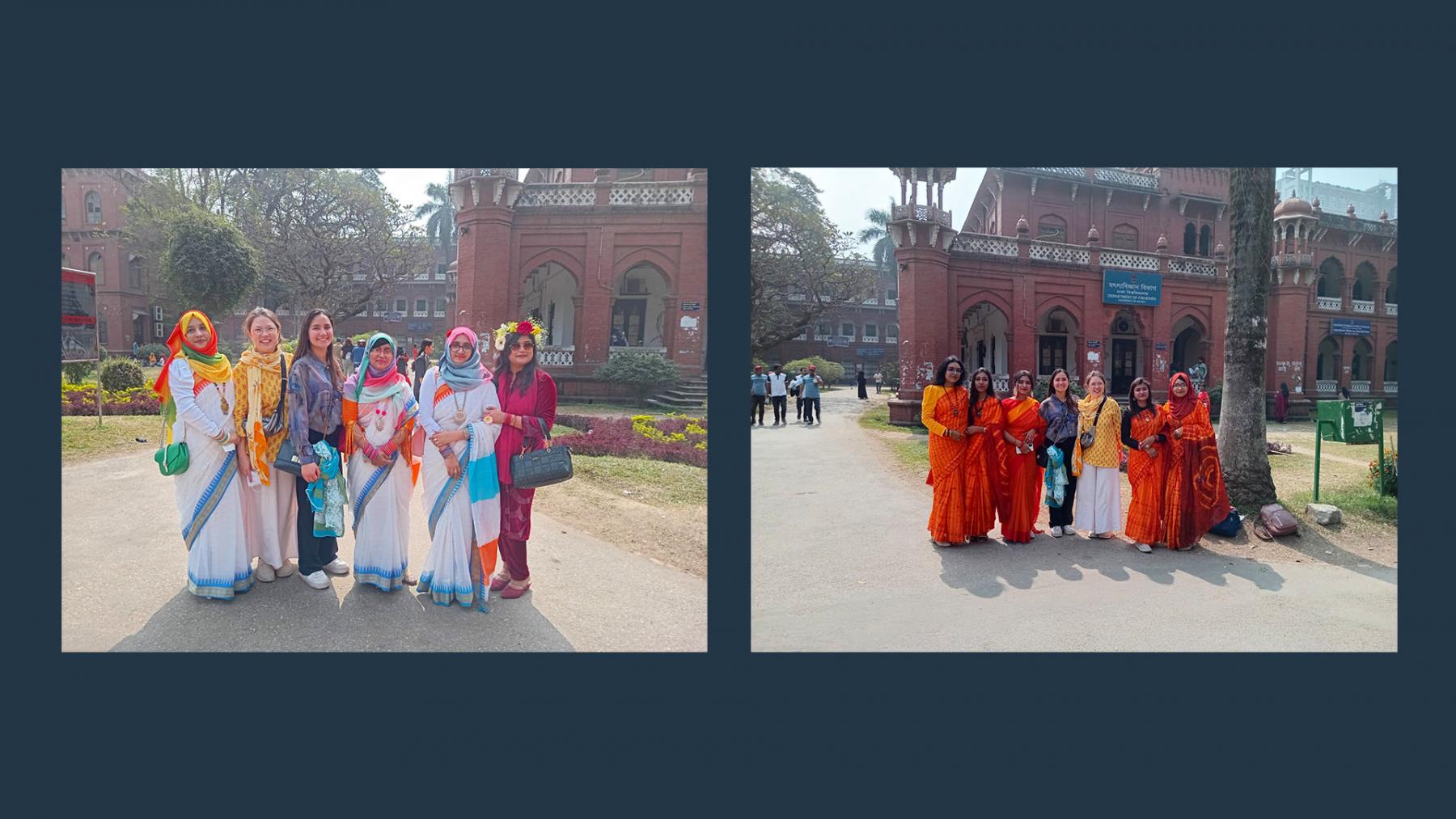 Beautiful university students catch guests during their visit at Curzon Hall at Dhaka University.